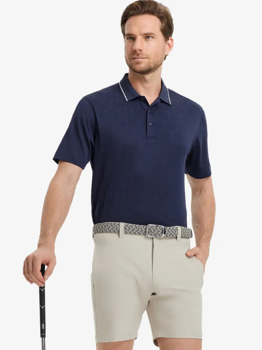Model wearing Modern Texture Stylish Polo in NAVY, front half-body view holding golf club.