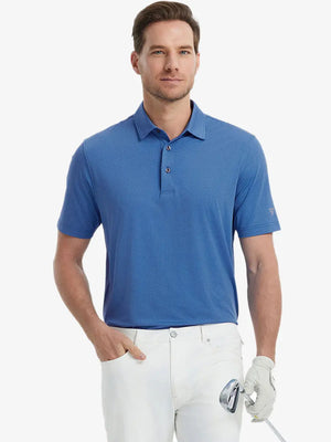 Model in BLUE Jacquard Polo posing with golf club — active and athletic on the front view