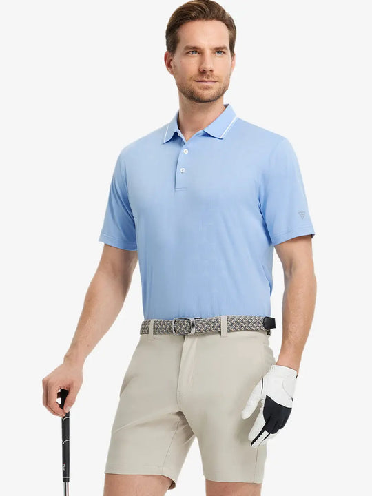 Model wearing Modern Texture Stylish Polo in MISTY BLUE, front half-body view holding golf club.
