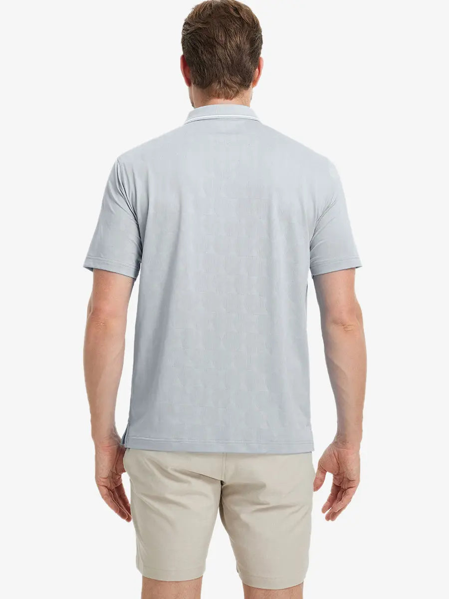 Back half-body view of Modern Texture Stylish Polo in LIGHT GREY worn by model.