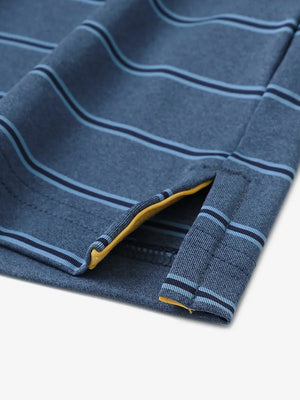 DARK BLUE STRIPE Classic Heather Stripe Polo close-up showing shirt hem slit detail