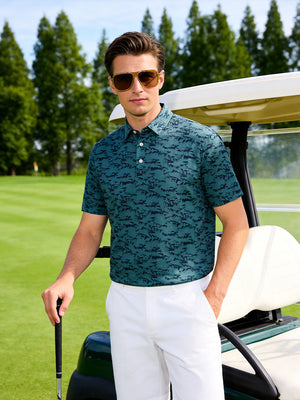 Outdoor shot of a model near a golf cart wearing the cyan massif popular heather print polo, highlighting the heather pattern.