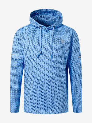 Front 3D view of youth full print hoodies pullover showing detailed fabric and fit, bluejay navy dogs.