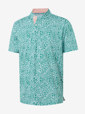 3D view of white green florals stretch printed collarless henley golf shirts.