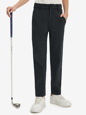 Boys Stretch Fleece Lined Casual Golf Pants in black, front lower body view with golf club