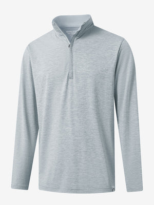 Heather Pinstripe Brushed Dry Fit Quarter Zip Pullover in lunar rock melange, 3D front chest view with quarter zip design