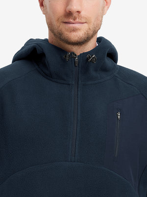 Collar detail from nose to chest, showing texture and zipper finish of the Navy fleece top.