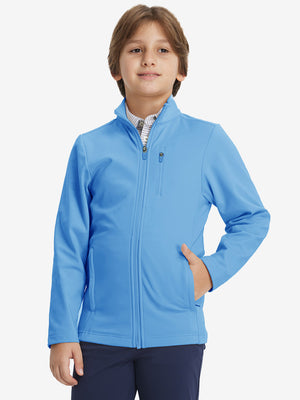 Model wearing kids soft lightweight fleece lined jacket in sky blue, showcasing front half-body view.
