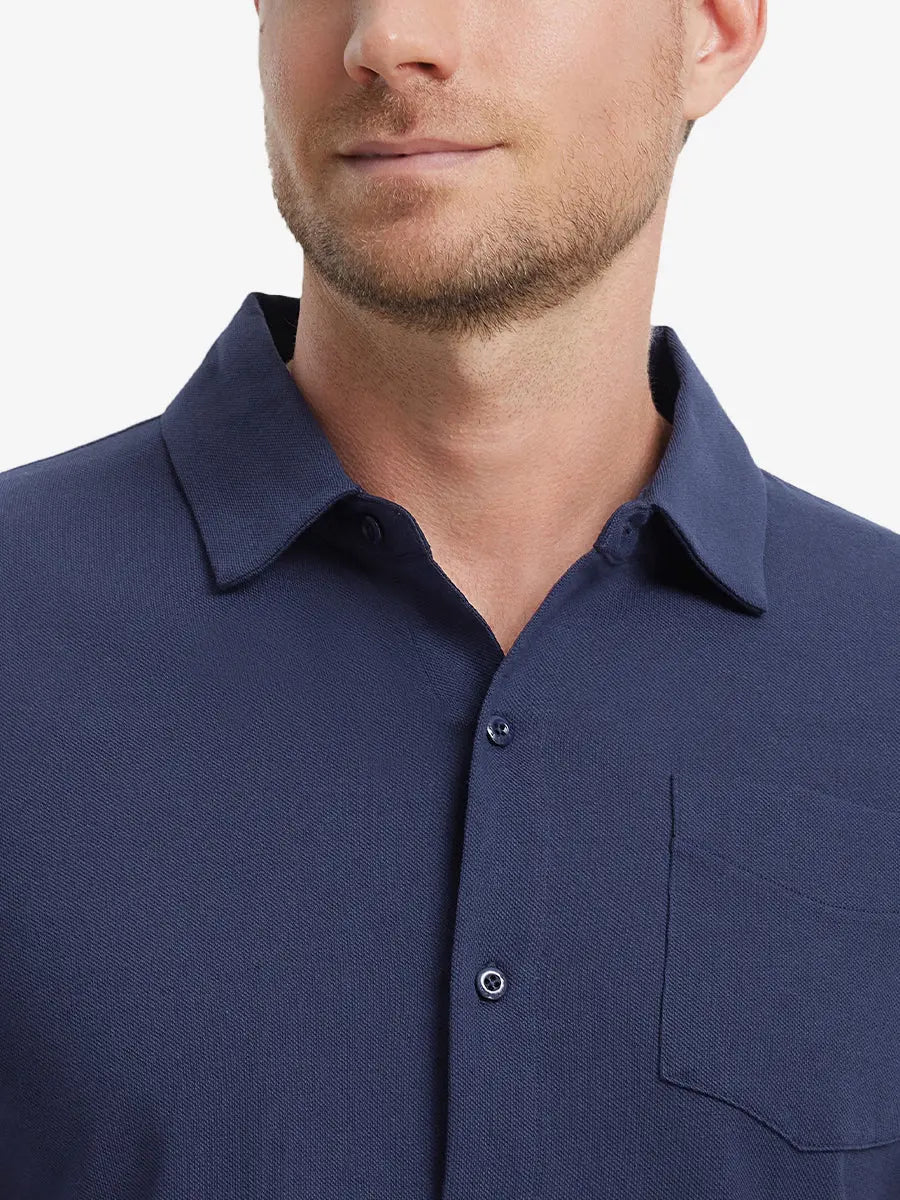 Model front view from nose to chest wearing NAVY Cotton Blend Plain Shirt.