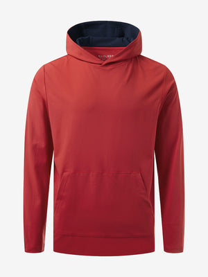 3D front view of youth long sleeve hoodied with kangaroo pocket in red, showing clean design.