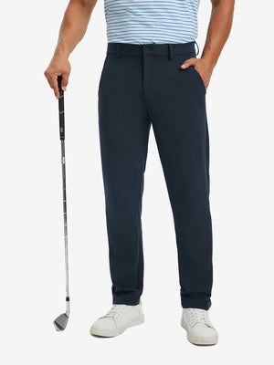 Water-resistant golf stretch nylon pants in navy, front lower-body view showing clean athletic fit.