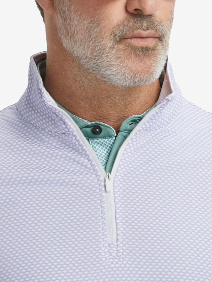 Close-up of collar area on jacquard quarter zip pullover in lavender, highlighting refined jacquard detail.
