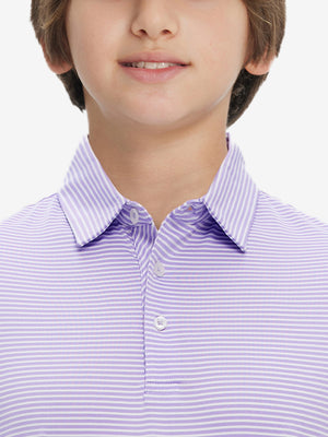 Collar close-up of Kids stripe golf polos with neat trim and lavender white stripe detail