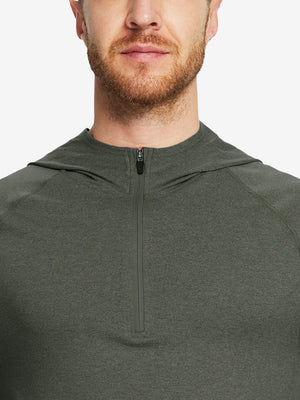 Close-up of collar detail from nose to chest, highlighting fabric and stitching of Olive Green Heather hoodie.