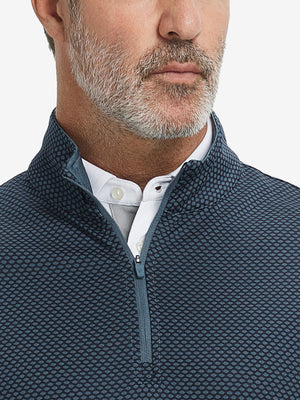Close-up of collar area on jacquard quarter zip pullover in grey/navy, highlighting refined jacquard detail.
