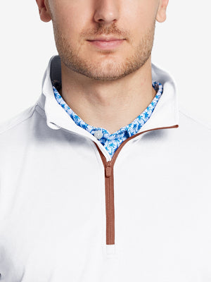 Front view from nose to chest of model wearing white moisture wicking quarter zip pullover