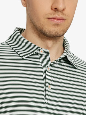 Upper chest close-up featuring the Olive Green White Yarn Dyed Stripe Polo – from nose to chest view