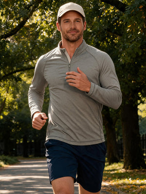 Model outdoor sports activity shooting scene, dry fit athletic 1/4 zip sweatshirt in  taupe heather