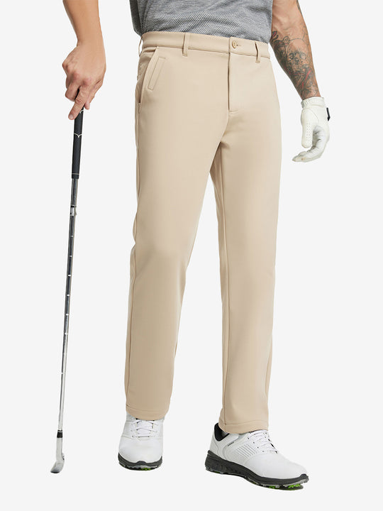 KHAKI Water-Resistant Fleece Lined Pants, male model front lower body holding golf club in right hand