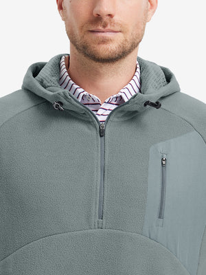 Collar detail from nose to chest, showing texture and zipper finish of the Smoky Gray fleece top.