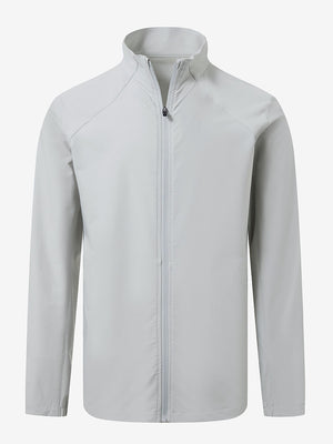 Lightweight water-resistant outerwear jacket in silver grey, front 3D view with clean structure