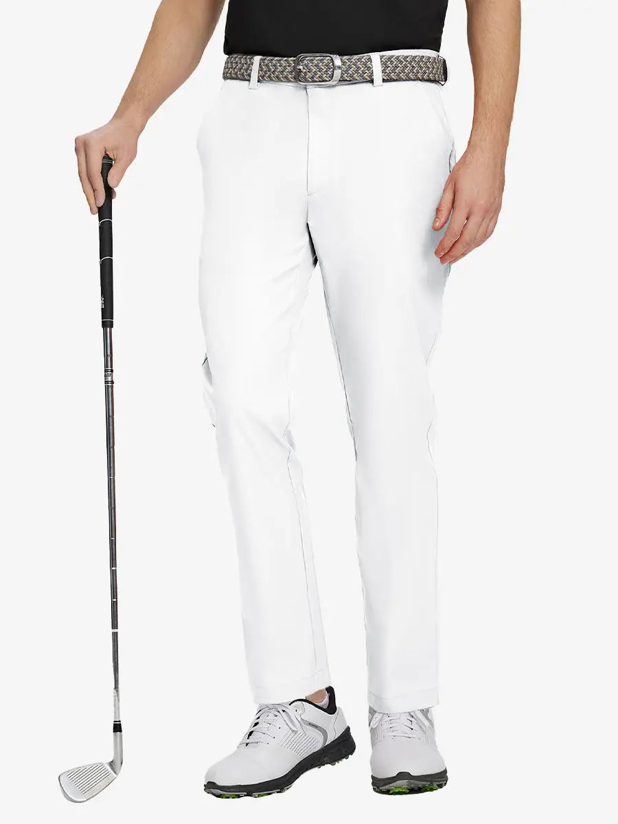 WHITE Water Resistant Everyday Pants front view, model's lower body holding a golf club