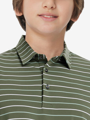 Front 3D view of trendy boys stripe polo shirts, clean structure and modern olive green stripe look
