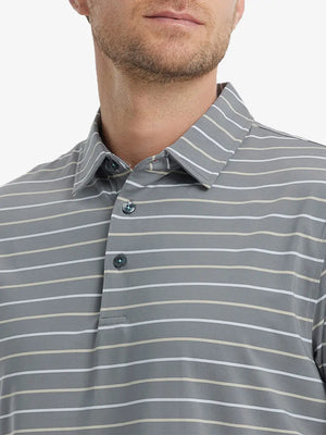 Front close-up from nose to chest of model in NEUTRAL STRIPE Stylish Performance Golf Polo