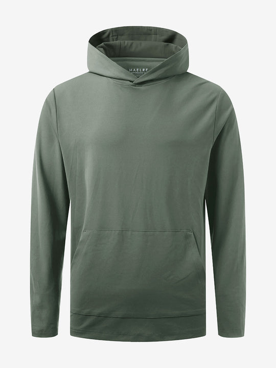 3D front view of youth long sleeve hoodied with kangaroo pocket in olive green, showing clean design.