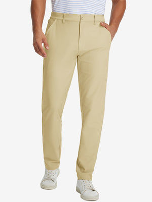 Lightweight flat front casual trousers in khaki, front lower-body view with a clean tailored fit.