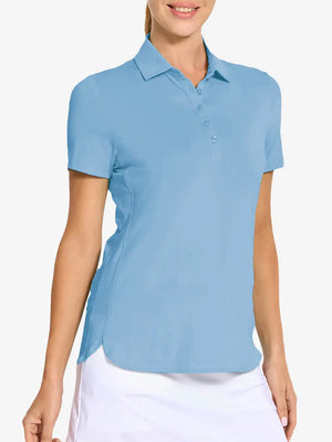 Front view from nose to hem of model wearing SKY BLUE Women's Performance Solid Polo with skirt