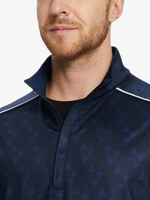 Front half-body view from nose down of model wearing NAVY GEO Stretch Solid Fleece Quarter-Zip Vest.								
