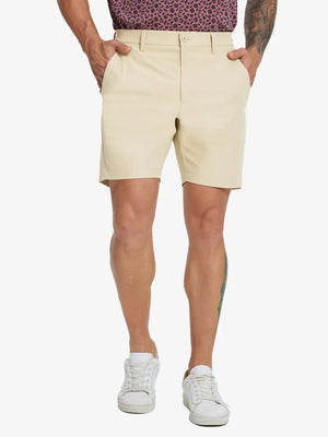 Front lower-body view of model wearing LIGHT KHAKI Water Resistant Versatile 8 Pockets Shorts.
