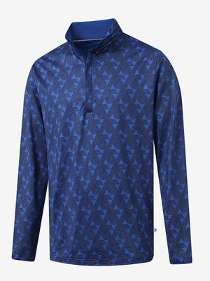 Heather Pinstripe Brushed Dry Fit Quarter Zip Pullover in marina blue geo, 3D front chest view with quarter zip design