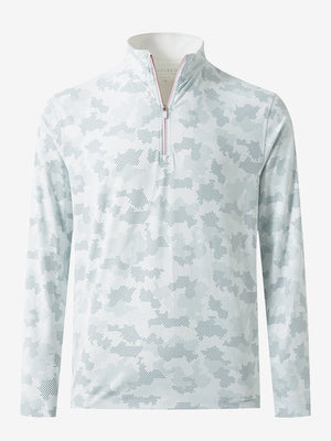 Front 3D view of Full print lightweight quarter zip pullover in light grey camo with vivid pattern