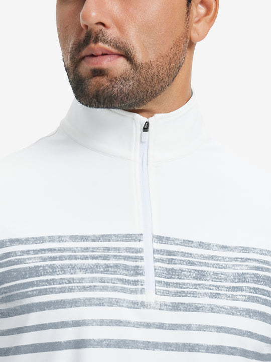 Close-up from nose to chest, showing collar and zipper detail of the white navy stripe golf pullover.
