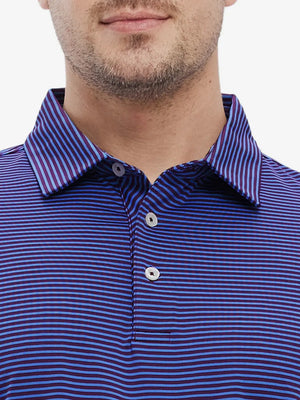 Front view from nose to chest: model in PLUM BLUE STRIPE polo, rich plum and blue stripes for elegant style