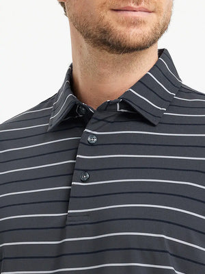 Front close-up from nose to chest of model in DARK GREY STRIPE Stylish Performance Golf Polo
