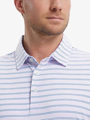 Pinkish Purple Cobalt Stripe Performance Stripe Golf Shirt – close-up front from model’s nose to chest