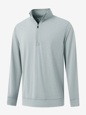 Front 3D image of quarter zip melange pullover in lunar rock melange, showing texture and details.