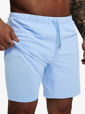 Front lower-body view from waist to knees showing stretch of LIGHT BLUE 2 in 1 Running Sports Shorts with Liner