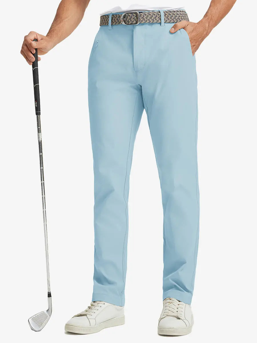 Front lower leg view of Water Repellent 8 Pockets Pants in LIGHT BLUE，model holds golf club with right hand.