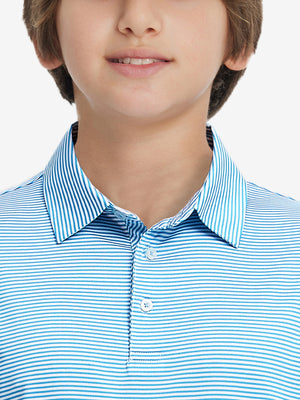 Collar close-up of Kids stripe golf polos with neat trim and sky blue stripe detail