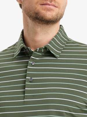 Front close-up from nose to chest of model in OLIVE GREEN STRIPE Stylish Performance Golf Polo