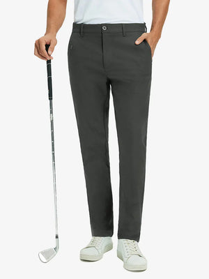 Front lower leg view of Water Repellent 8 Pockets Pants in DARK GREY，model holds golf club with right hand.