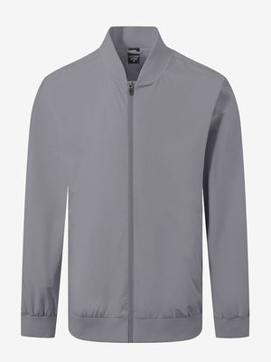 Casual windproof bomber jacket in neutral grey, front 3D view with clean and structured design