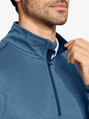 Front view from nose to chest of model wearing Pinstripe Quarter Zip Pullover – DARK BLUE MELANGE