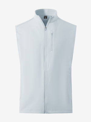 Water-resistant fleece golf vests in misty grey, front 3D view highlighting clean structure and fabric