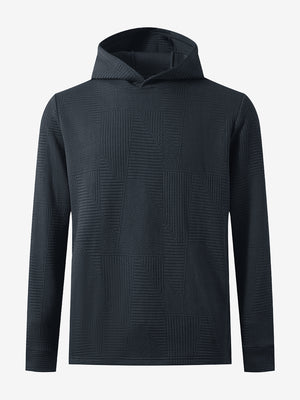 3D front image of texture solid hoodies pullover highlighting simple design and smooth fabric, navy.