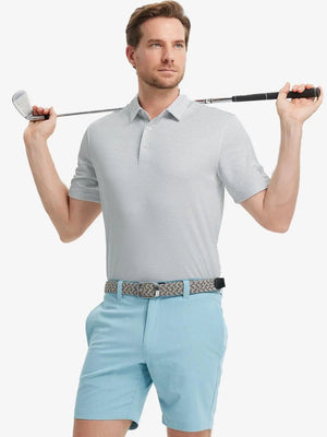 Full body front view of model wearing LIGHT GREY Your Favorite Jacquard Polo, holding a golf club